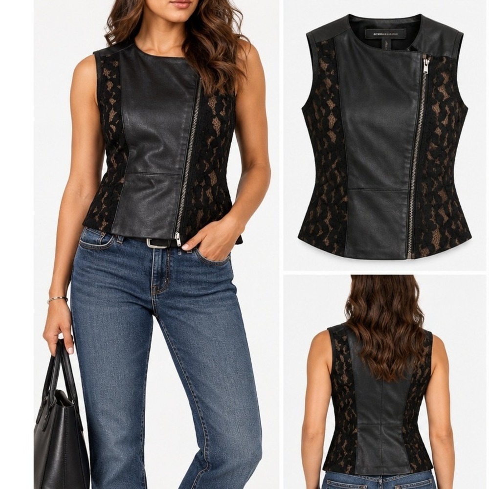 BCBGMAXAZRIA Womens Lace Leather Moto Vest Polyester Edgy XS